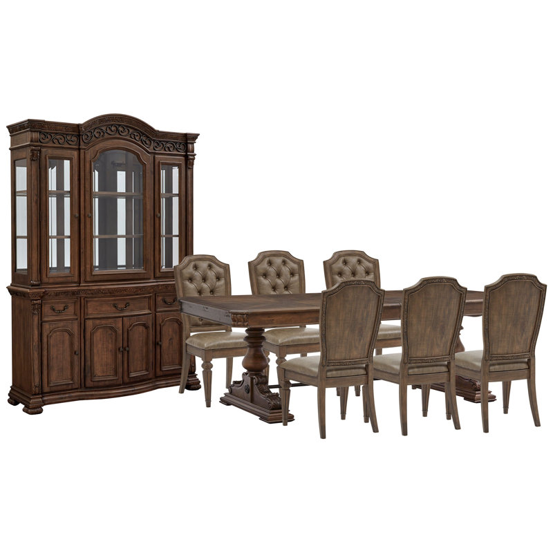 Extendable Trestle Dining Table With 6 Upholstered Side Chairs Buffet And Hutch, 8 Pieces: Table, 6 Chairs, Buffet and Hutch