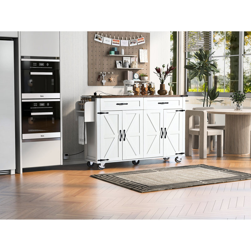 Style Rolling Kitchen Island With Towel Rack And Drop Leaf, 53.5'' X 28.88'' 36.5'', White Brown Cart 53.5"x28.88"x36.5" Power Outlet, Storage, Cabinet Wood Grain Countertop For Dining