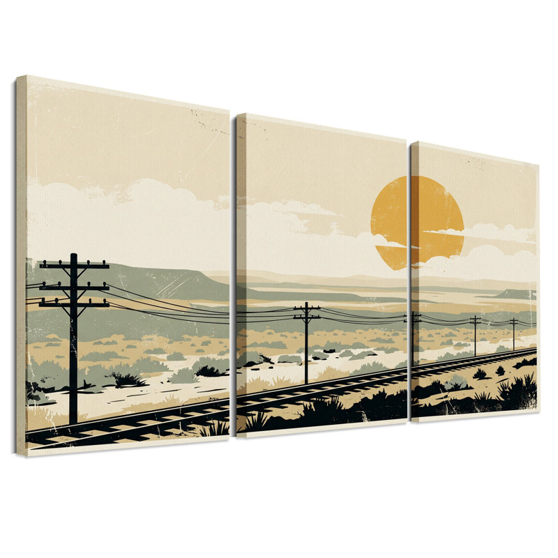 Railroad Tracks In Vintage Desert Landscape, ensemble de 3 toiles d'art, H 30 po x l 20 po x 3 pièces