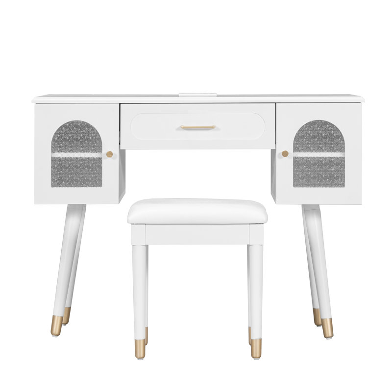 Ensemble de coiffeuse et coiffeuse Elegant Vanity, coiffeuse moderne avec rangement, bureau, port de charge, blanc
