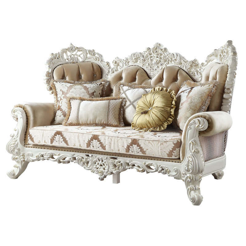 Antique White Tufted Fabric Loveseat with Nailhead Trim