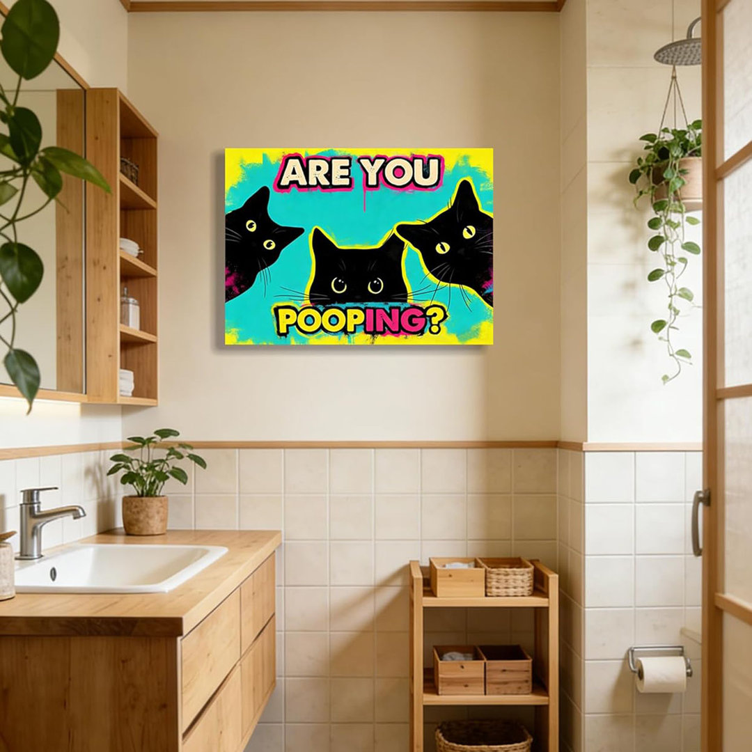 Funny Black Cat Bathroom Canvas Wall Art - Are You Pooping? Colorful Humor Poster for Washroom, 12x16 Inch Framed Graffiti Print for Toilet Restroom,