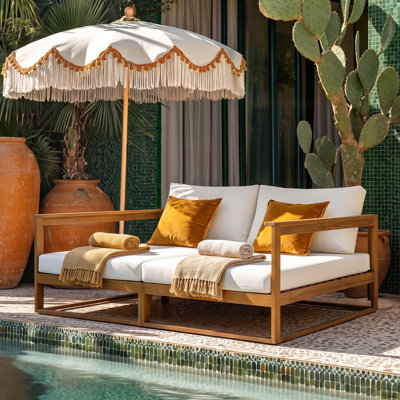 Quendor Modern Coastal Acacia Wood Outdoor Double Daybed with Water-Repellent Cushions