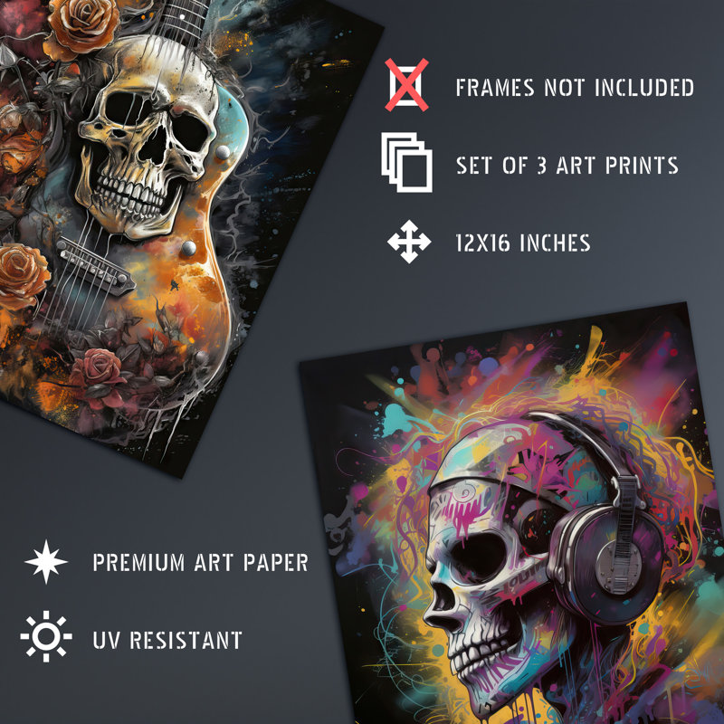 Thrash Metal Death Skull Guitar Brutal Horror - 3 Piece No Frame Print Set