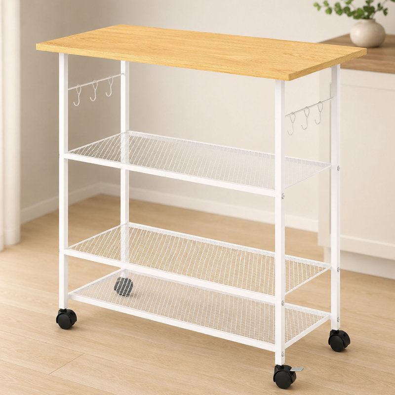 Chariot pour îlot de cuisine roulant, 3 tablettes, crochets et roues verrouillables, Beige