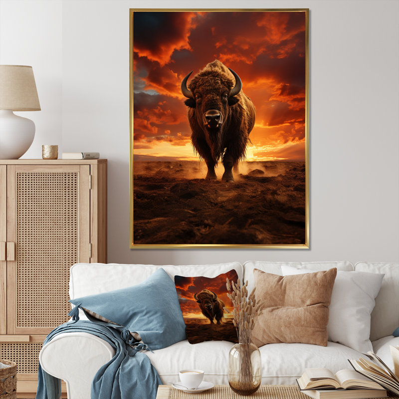 «Orange Brown Buffalo Silhouette Serenade», reproduction sur toile, H 32 po x l 24 po x P 1 po, Cadre flottant doré