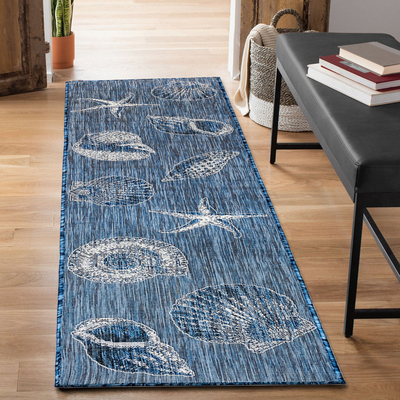 Tapis intérieur / extérieur bleu / blanc Saldanha, Tapis de couloir 1 pi 11 po x 4 pi 11 po