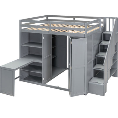 Gray Full Size Loft Bed With Built - In Desk And Stylish Wardrobe Rack, Three Foldable Shelves For Clutter Storage, Complementary To Any Bedroom Decor Transformative Space, Effortless Organization