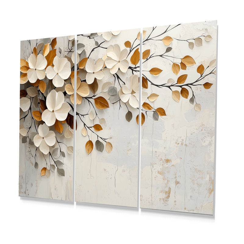 Fleurs de cerisier blanc orange et botanique II - ensemble d'art mural fleurs de cerisier, Métal métal