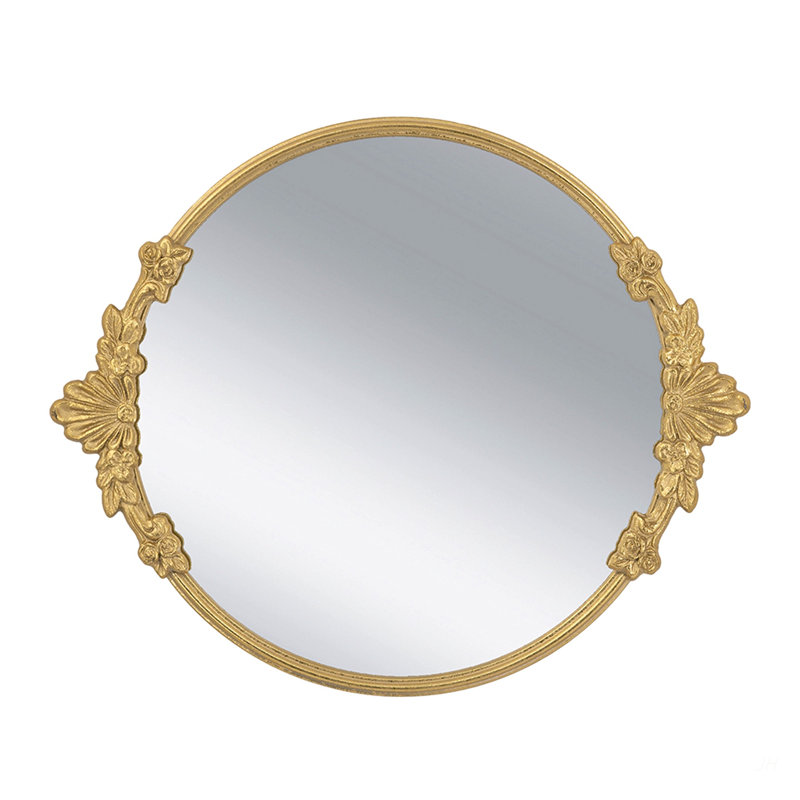 Plateau à miroir rond 19 po x 16 po x 1 po avec cadre en fer doré et détails floraux complexes