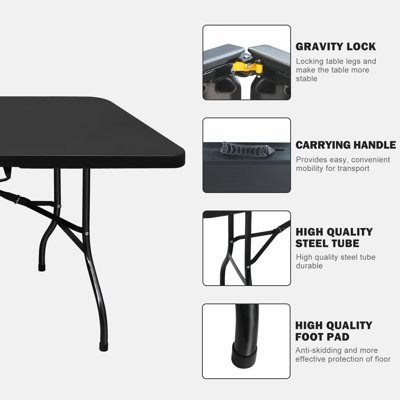 Table pliante 8 pieds, table en plastique portative pour le camping, pique-niques, fêtes, table pliante à port élevé noir