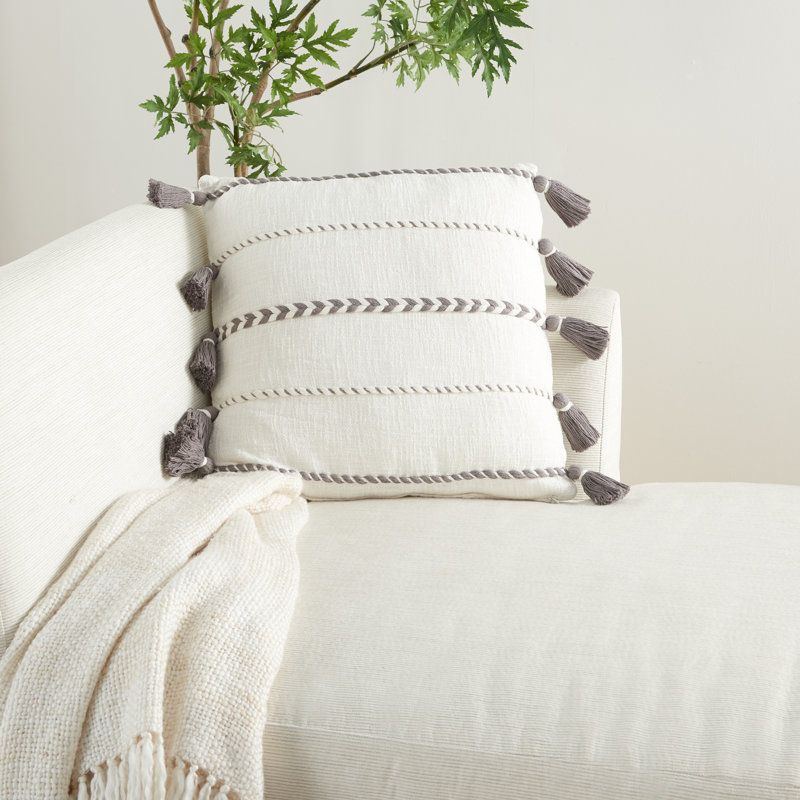 Gray and White Cotton Tassel Striped Square Pillow