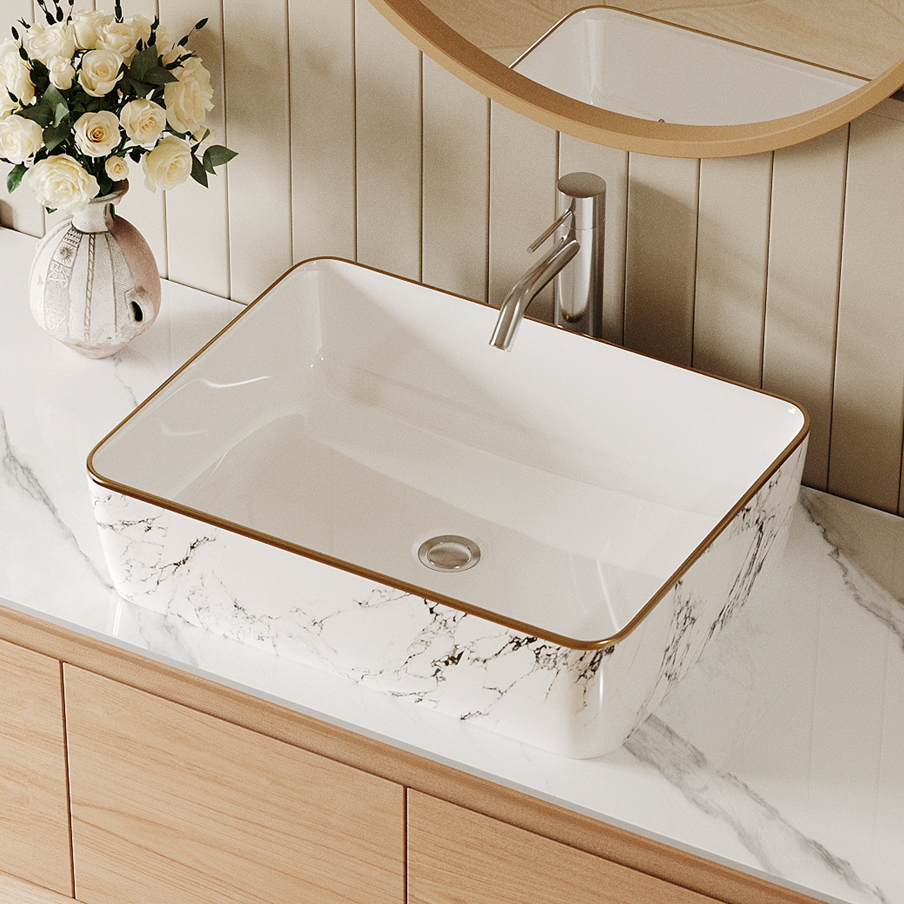 Spectre Pattern Spectre Link Gold-Trim Marble Pattern Rectangular Ceramic Vessel Sink ...