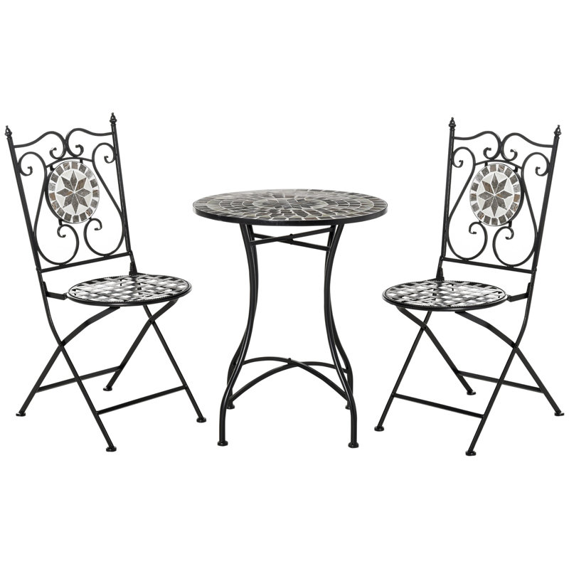 Castelli 3 Pcs Mosaic Tile Garden Bistro Set, Table, 2 Folding Chairs Grey