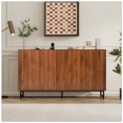 Mid-Century Modern Sideboard Buffet Cabinet, Geometric Carved Storage With Metal Legs For Living And Dining Rooms