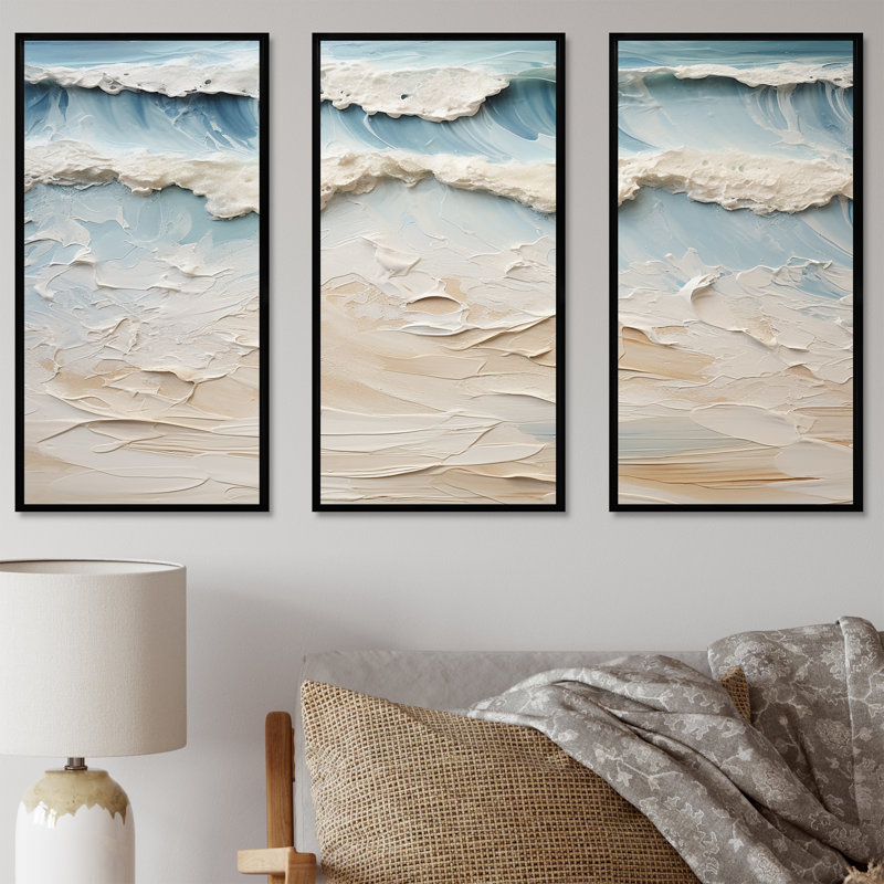 «Beige and Blue Coastal Beach Paint I», ensemble d'art sur toile de plage, Cadre flottant noir, H 40 po x l 60 po x P 1 po