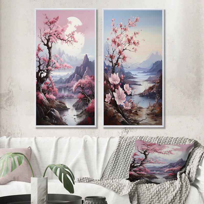 Paysage de cerisier rose du Japon - paysage de mur d'art floral, ensemble de 2, Cadre blanc, H 28 po x l 25 po