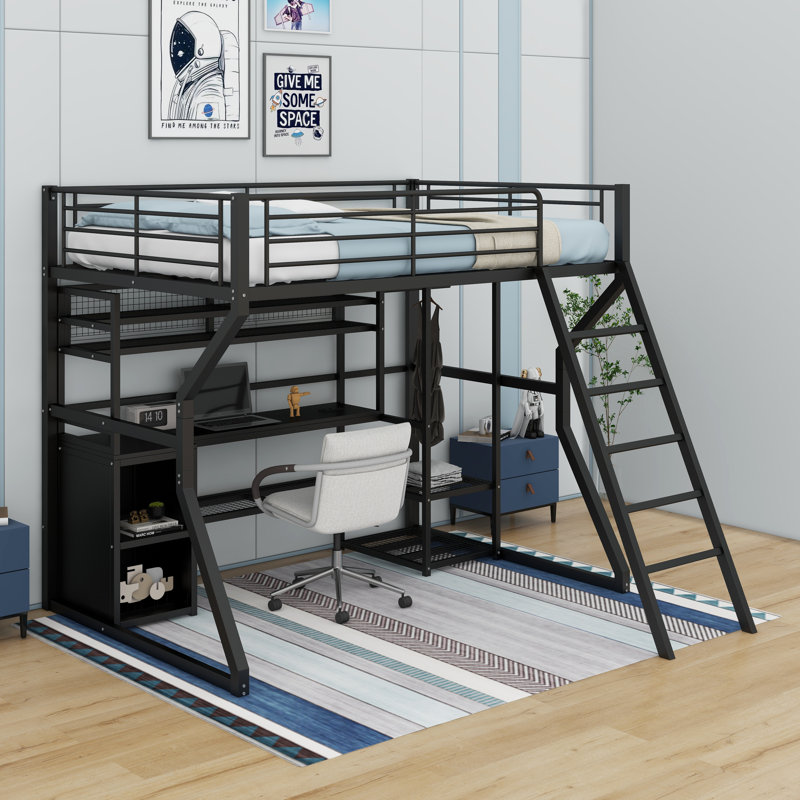 Full Size Metal Gaming Loft Bed With Work Station, Wardrobe, LED And Multiple Storage