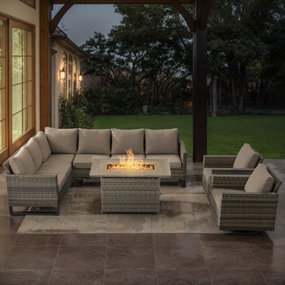 Ingvald 8- Person Outdoor PE Wicker Patio Conversation Set with Fire Pit and Cushions