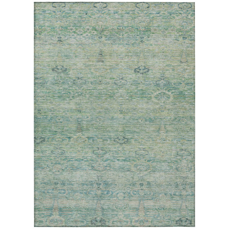 Tapis bleu sarcelle et lin oriental lavable 5 pi x 8 pi