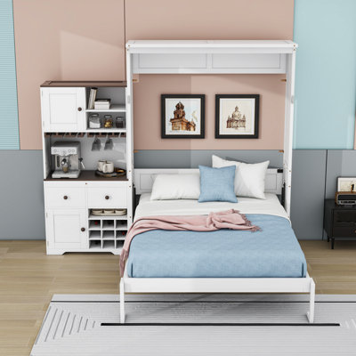 Grand lit escamotable 2 tiroirs avec armoire, support à vin, tablettes, porte-verre et lumières DEL
