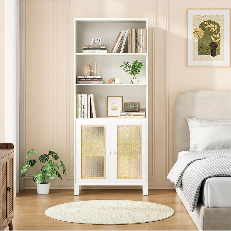 Tall Bookcase with Rattan Doors, 5 Tier Storage Wood Shelves Large Bookshelf for Library, Living Room, Bedroom, Home Office - Freestanding Organizer with Adjustable Shelves, Natural Accent Cabinet