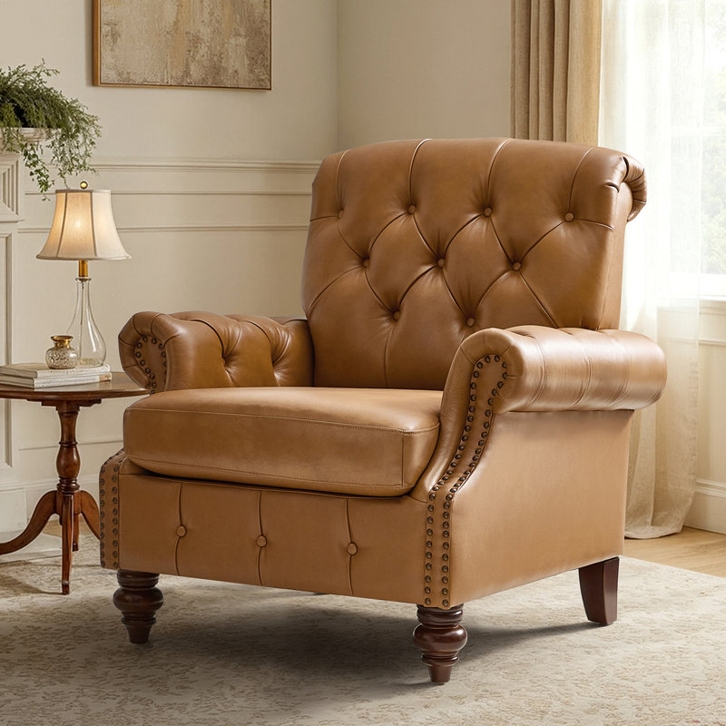 Alesha 36.5"W Traditional Cowhide Genuine Leather Accent Chair with Tufted Back, Camel Genuine Leather