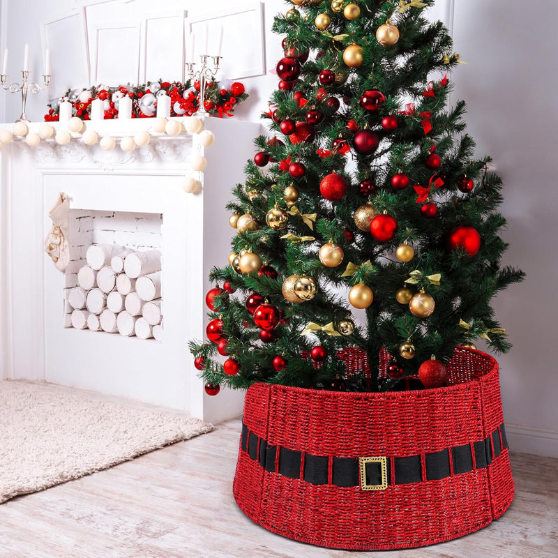 Collier de sapin de Noël en rotin, jupe d'arbre en osier rouge de 23,6 pouces avec conception de ceinture - housse de base rustique pour arbre de Noël artificiel de 7,5 pi 7 pi, décoration de Noël sur le thème du Père Noël