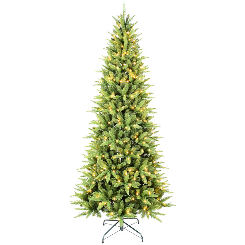 Arbre de Noël mince de 8 pi avec 500 lumières à DEL blanc chaud, 1612 pointes, support pour petites zones, branches articulées, espaces de soutien