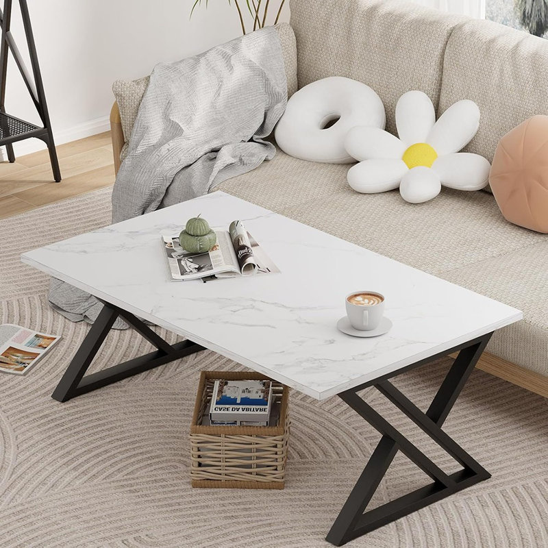 Table basse Table de salon blanche, table de thé rectangulaire simple en faux marbre avec structure en métal noir robuste, table basse industrielle en bois pour bureau à domicile