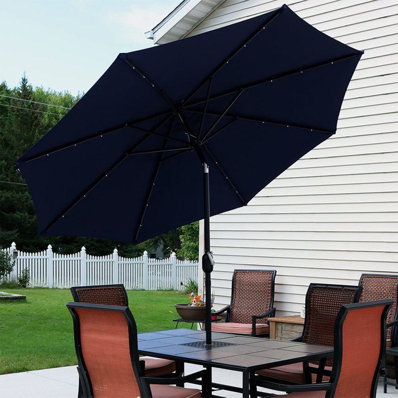 Jericho 96" Market Umbrella with Solar-Powered LEDs - Navy, Navy Blue