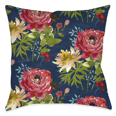 Country Bouquet Navy Floral Outdoor Throw Pillow