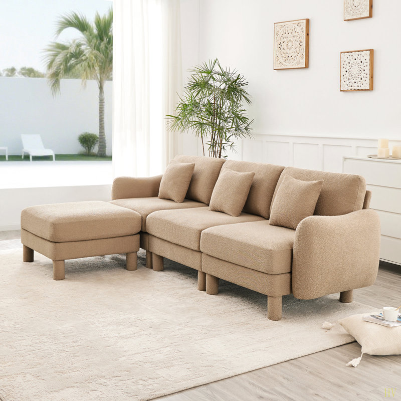 Canapé modulaire convertible en L à 3 places Boucle Fabric avec accoudoirs en forme de coquillage et repose-pieds amovible