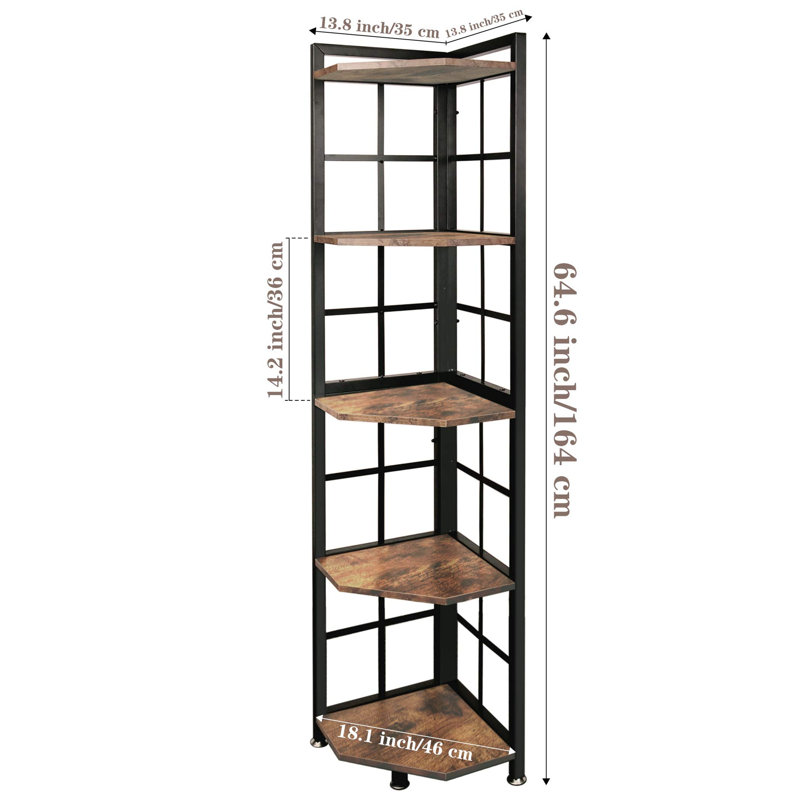 Pugsley 164cm H x 35cm W Iron Corner Bookcase, Brown