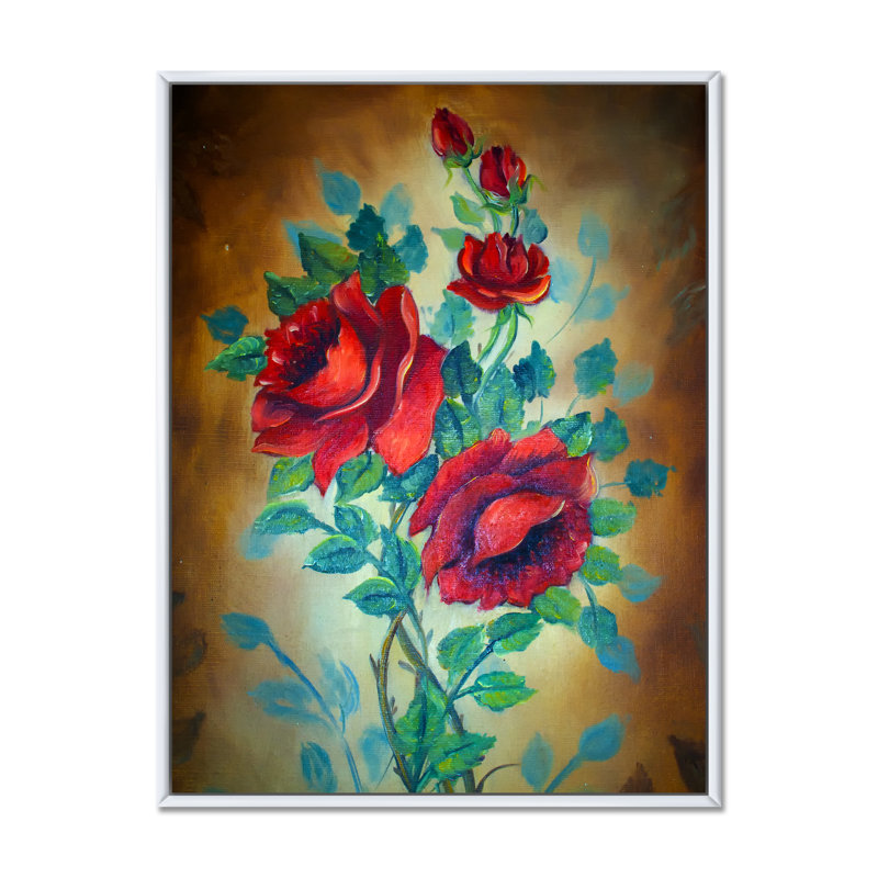 Trois roses rouges sauvages - art mural traditionnel sur toile, H 12 po x l 8 po x P 1 po, Cadre flottant blanc