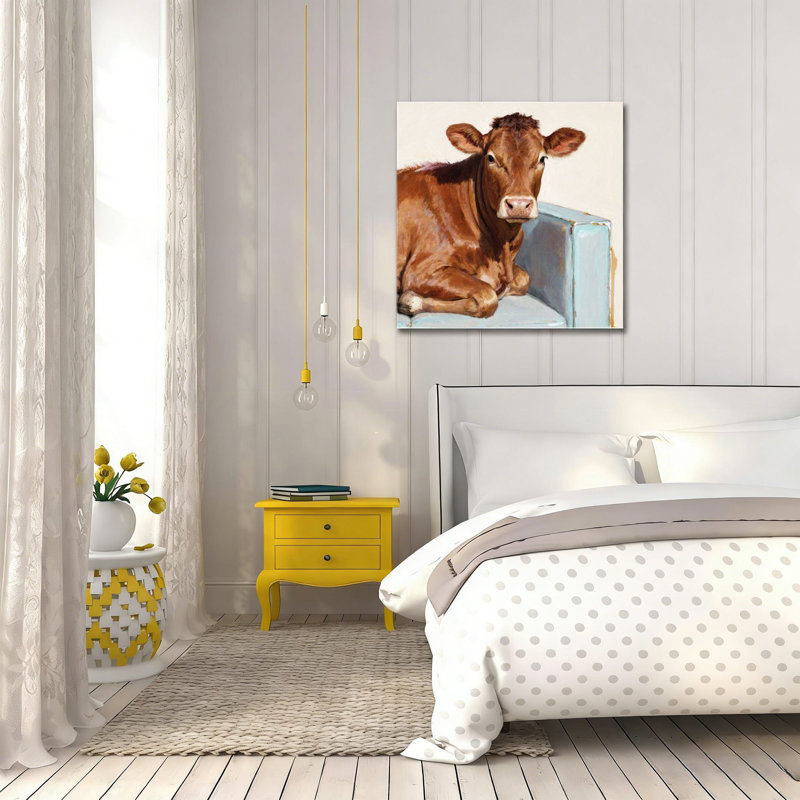 Vache brune sur canapé, art mural sans cadre, 16 x 16
