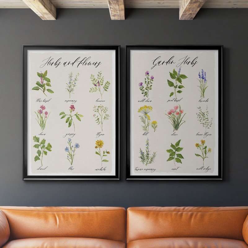 Herbes et fleurs, toile encadrée de qualité supérieure - prête à être accrochée, Noir, H 24,5 po x l 37 po x P 1,25 po