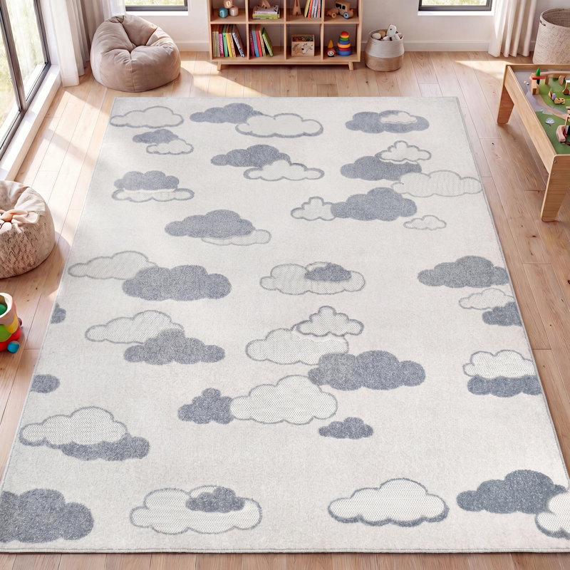 Hedwig High-Low Youth Cloud Scandi Ivory/Blue Indoor/Outdoor Rug, Rectangle 2'11" x 5', Ivory/Blue