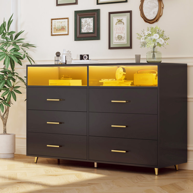 Commode de chambre à 6 tiroirs Kyrhys, commode en bois, commode avec éclairage DEL, Noir, noir, noir, noir
