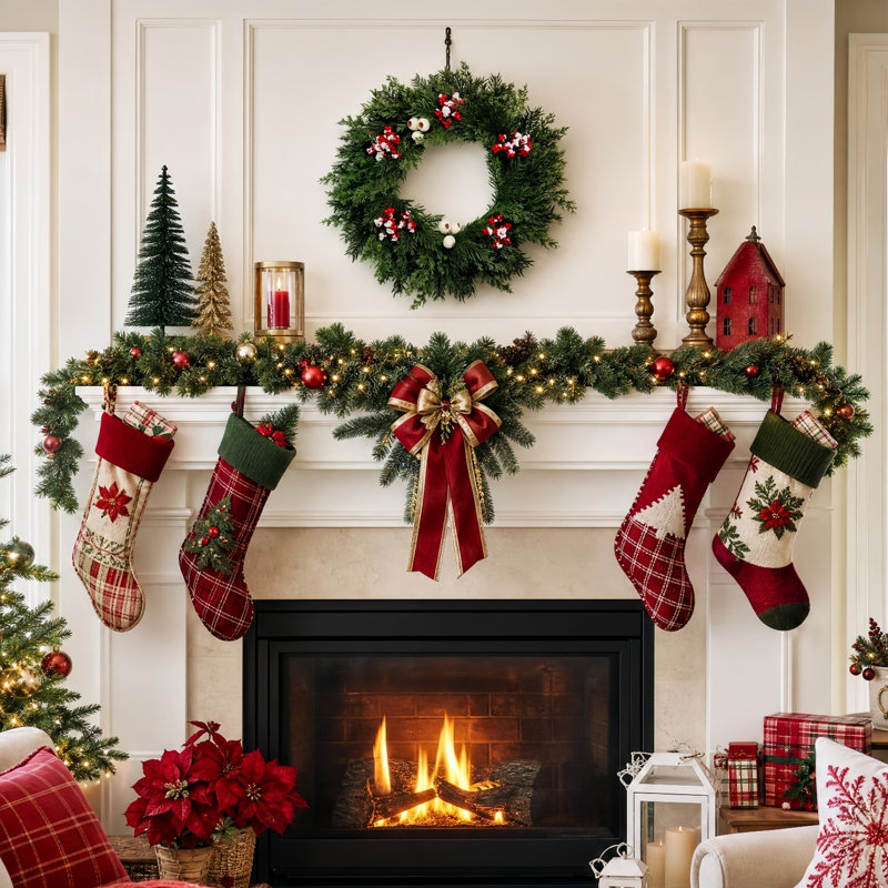 Couronne de Noël artificielle en cèdre pré-illuminée de 50 cm (19,69 pouces) avec baies rouges et blanches, couronne lumineuse en sapin pour la porte d'entrée, le foyer ou un mur, décoration hivernale pour la maison pendant les fêtes de fin d'année