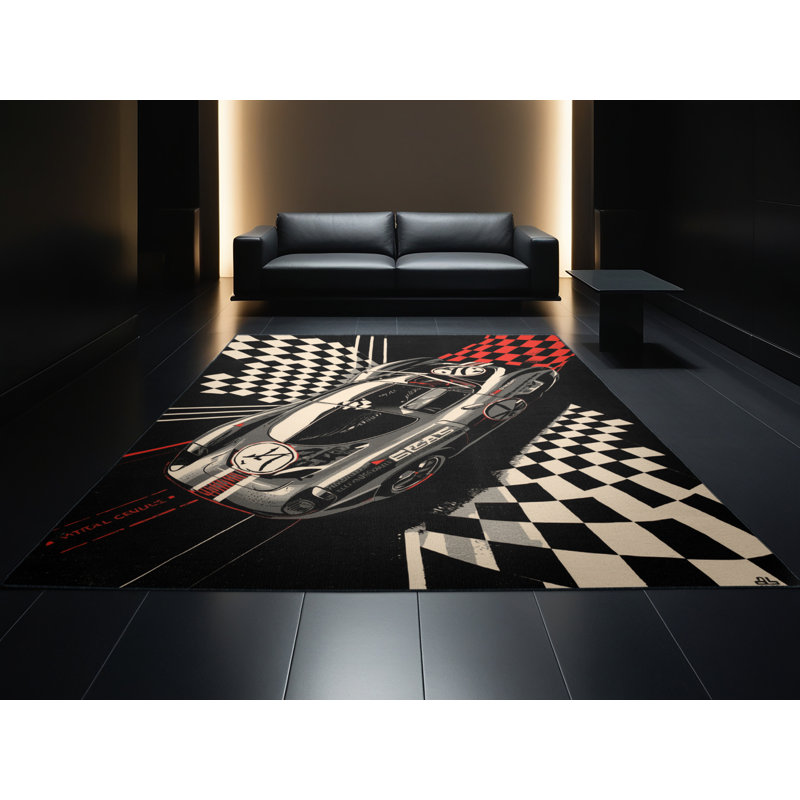 Machine Washable Mendon Retro Race Car Retro Checkered Rug in Black – Black Binding, 2x5