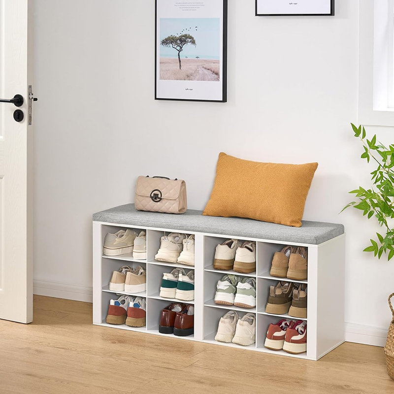 Banc à chaussures avec coussin - Banc de rangement pour hall d'entrée avec 12 casiers et tablettes réglables, armoire à chaussures blanche