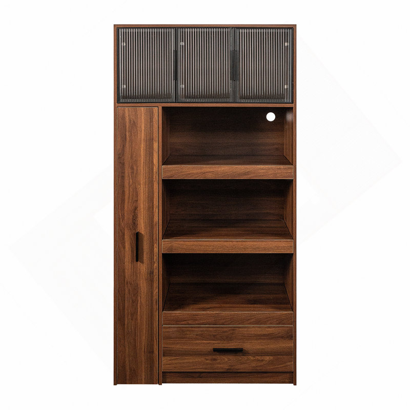 70.87" Tall Kitchen Pantry Cabinet With Multi-Functional Pull-Out Multi-Tier Storage Shelf, 1 Drawers,With Aluminum Frame Glass Door,Freestanding Food Hutch With Microwave Stand For Dining Room