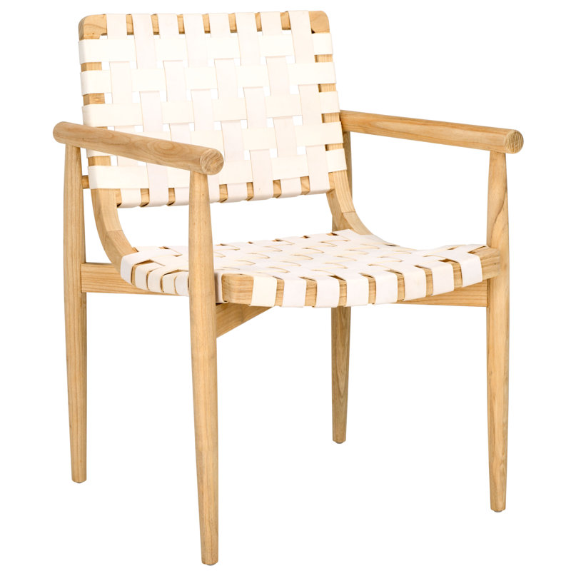 Keili Upholstered Armchair, White Genuine Leather, Natural Sungkai Wood