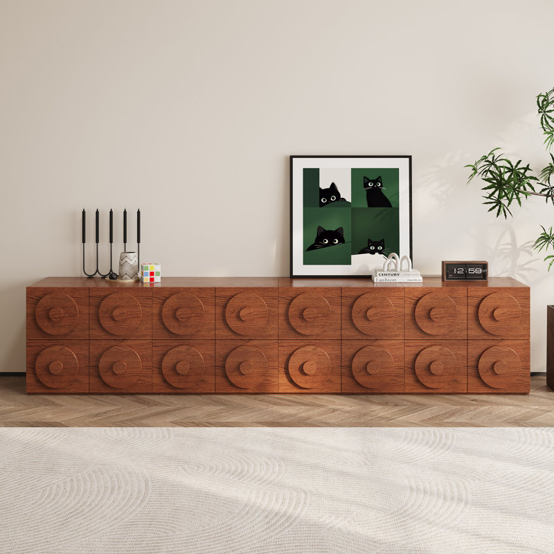 Grand meuble télé 91,32 po de style Mid-Century moderne, centre de divertissement en bois à 8 tiroirs, console multimédia au fini noyer pour le salon