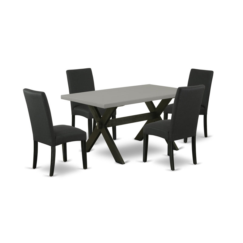 L'ensemble de table de salle à manger 5 pièces pour 4 personnes comprend une table de cuisine rectangulaire avec pieds en X et 4 chaises rembourrées en tissu de couleur noire, noir brossé