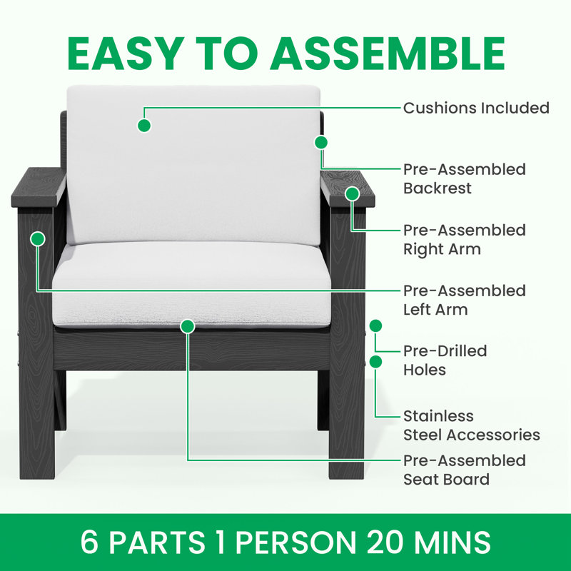 Ensemble de conversation d'extérieur en PEHD pour 2 personnes avec coussins, Kaki, Gris