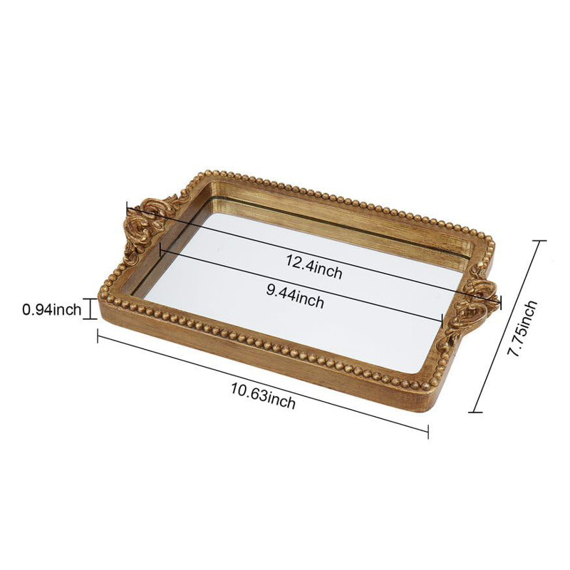 Vintage Gold Resin Tray With Mirror Glass Base And Handles