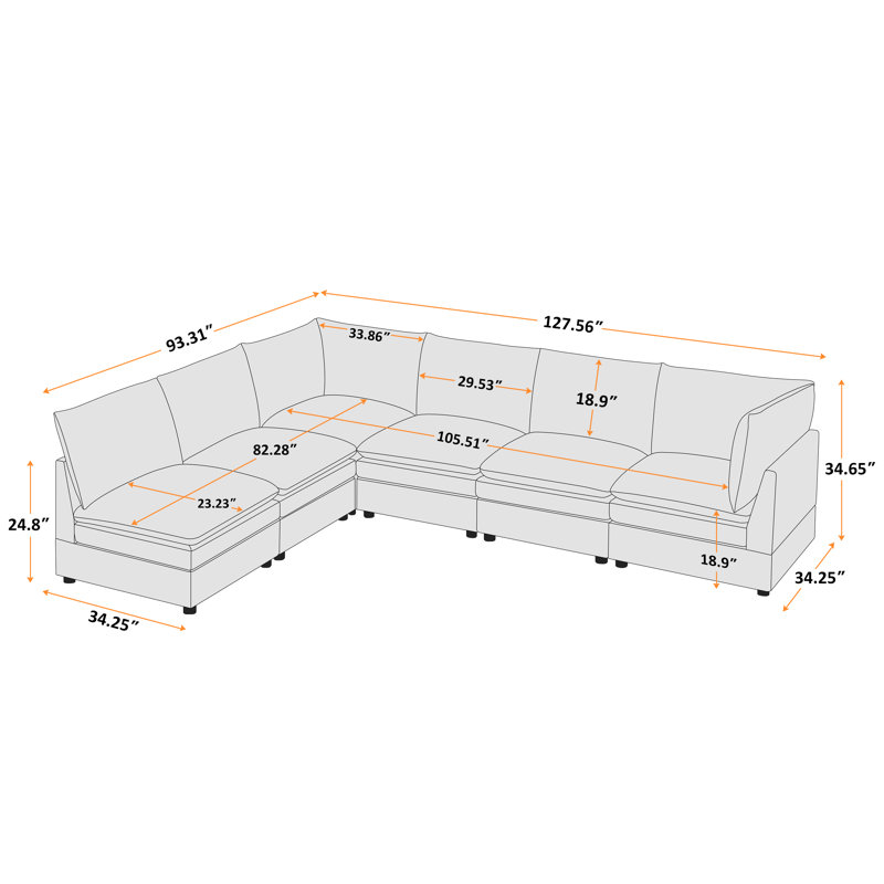  Cann 6-Piece Upholstered Modular Sectional Couch, Orange Polyester Blend