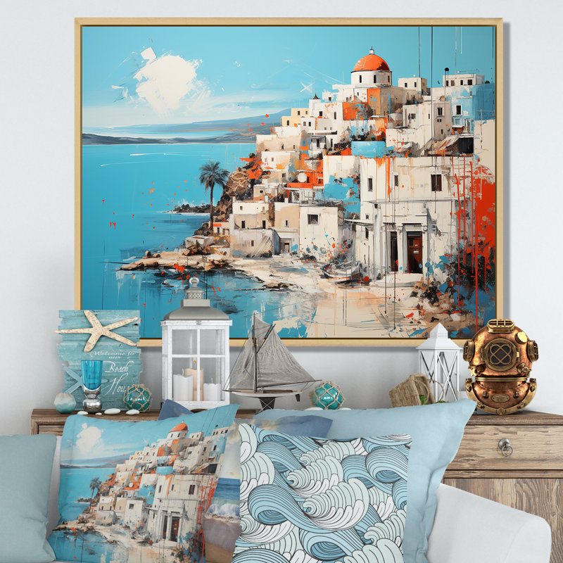 Multicolore Santorini, Grèce I - Santorini, art mural,  H 24 po x l 32 po x P 1 po, Cadre flottant brun